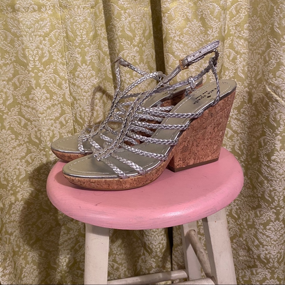 Woven silver Kate Spade cork wedges 9.5